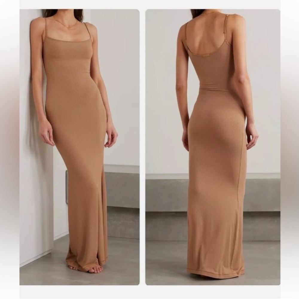 SKIMS Sleek Ribbed Slip Maxi Dress in Camel/Caramel - S